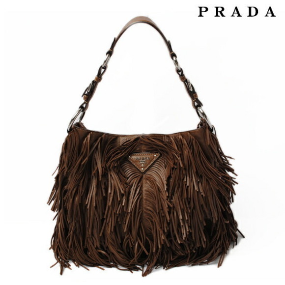 Prada Shoulder Bag Fringe Studded Lambskin Bag Brown - Picture 1 of 3